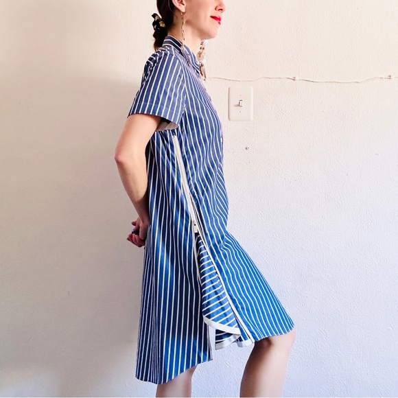 SACAI Blue Cotton Poplin Stripe Parachute Short Sleeve Collared Shirt Dress - Picture 7 of 11